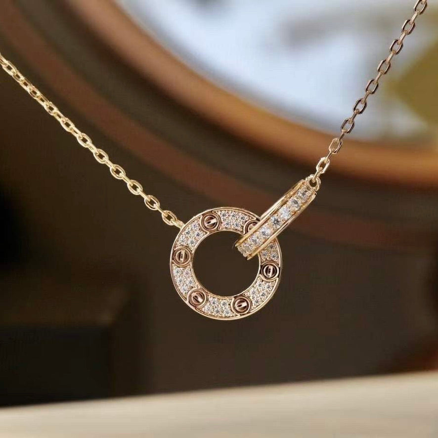 [Royal Jewelry]LOVE 7.6MM NECKLACE ROSE GOLD AND SILVER  FULL DIAMOND