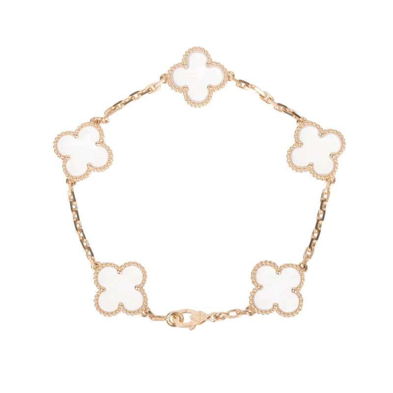 [Royal Jewelry]CLOVER 5 MOTIF ROCK CRYSTAL PINK GOLD BRACELET