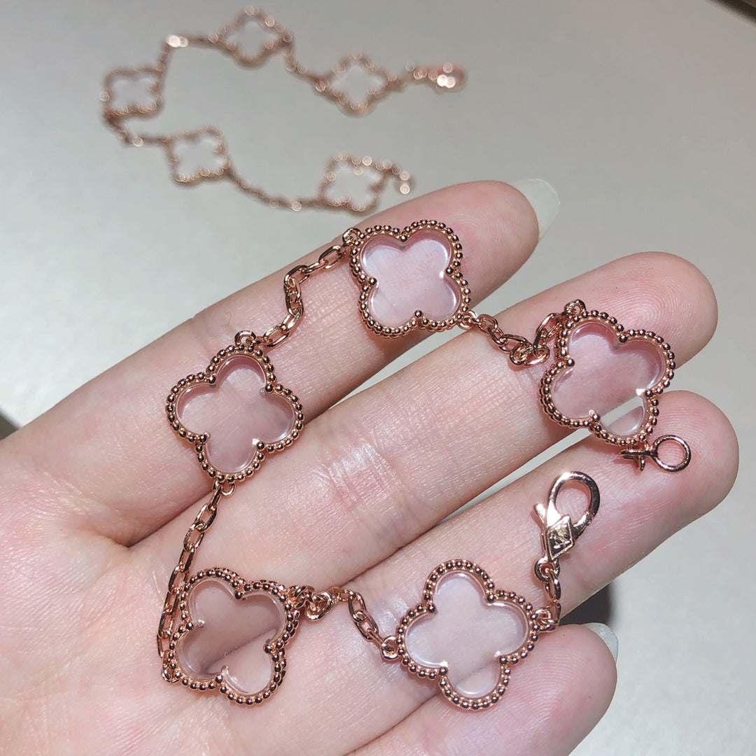 [Royal Jewelry]CLOVER 5 MOTIF ROCK CRYSTAL PINK GOLD BRACELET