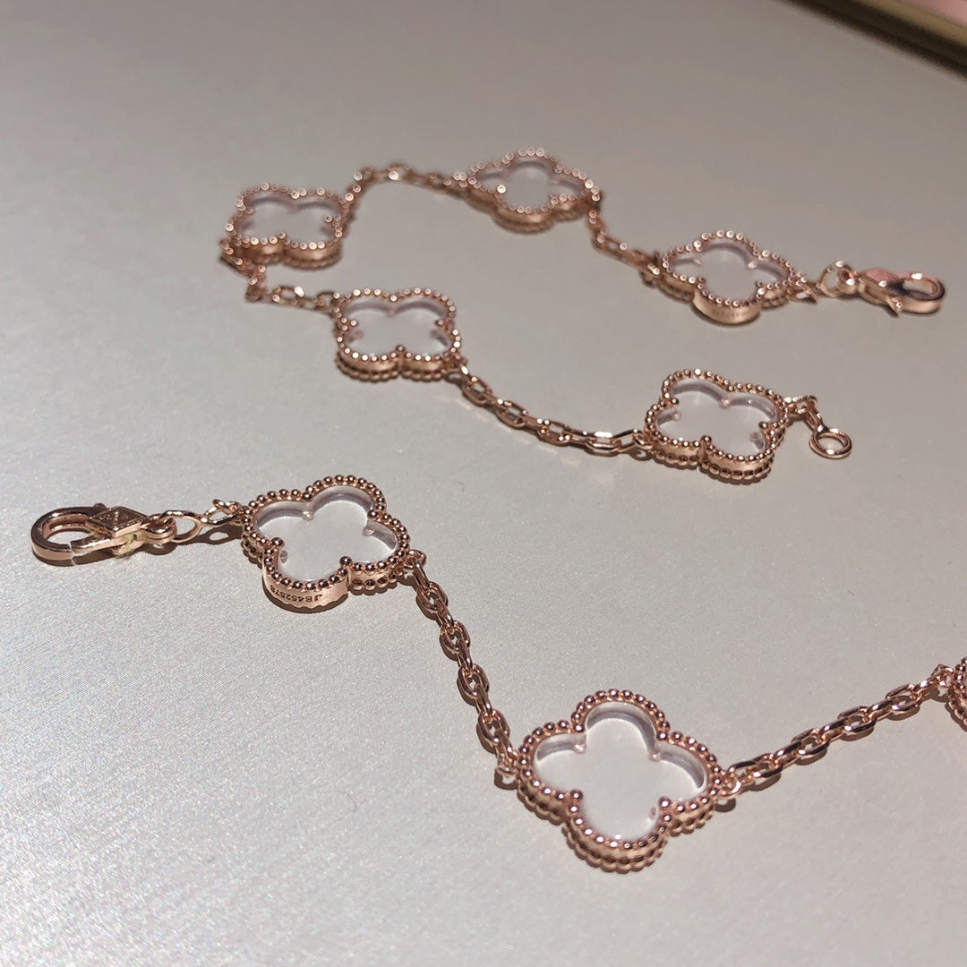 [Royal Jewelry]CLOVER 5 MOTIF ROCK CRYSTAL PINK GOLD BRACELET