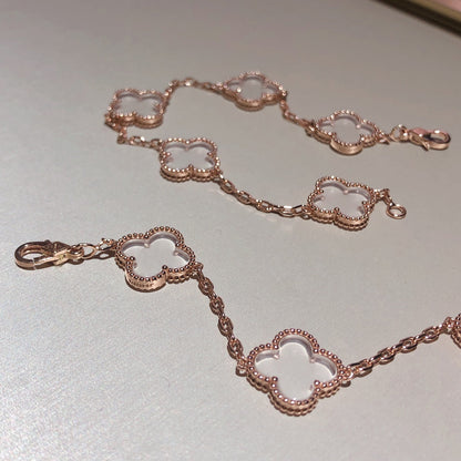 [Royal Jewelry]CLOVER 5 MOTIF ROCK CRYSTAL PINK GOLD BRACELET