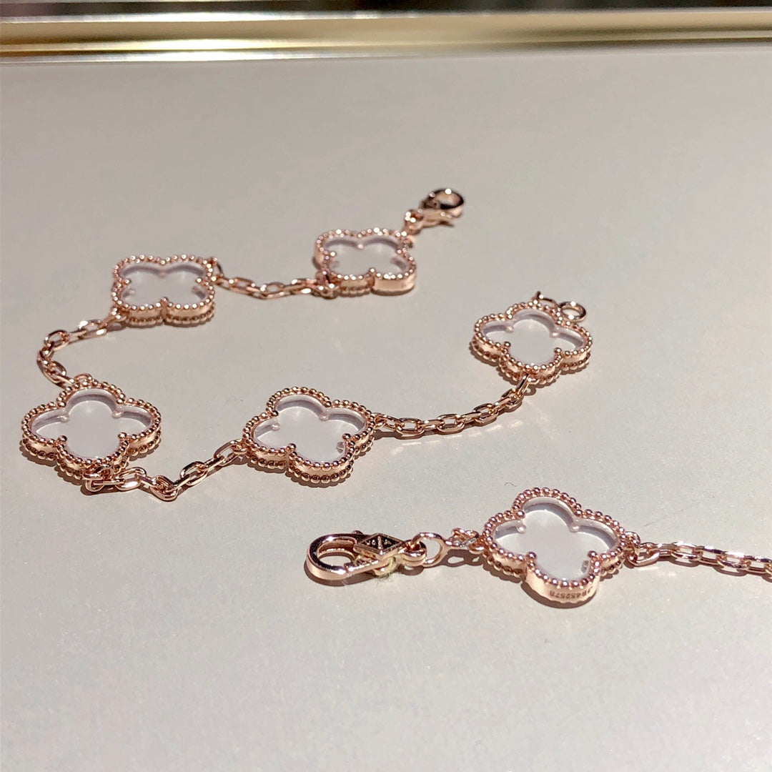 [Royal Jewelry]CLOVER 5 MOTIF ROCK CRYSTAL PINK GOLD BRACELET