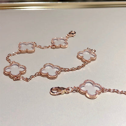 [Royal Jewelry]CLOVER 5 MOTIF ROCK CRYSTAL PINK GOLD BRACELET