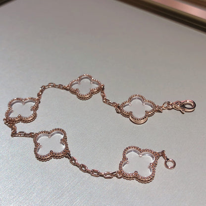 [Royal Jewelry]CLOVER 5 MOTIF ROCK CRYSTAL PINK GOLD BRACELET
