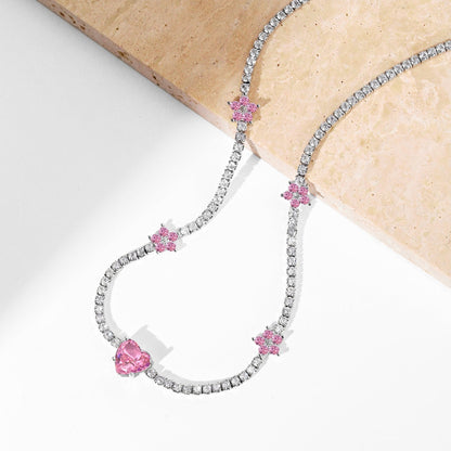 [Royal Jewelry]Dazzling Pink Heart Flower Necklace