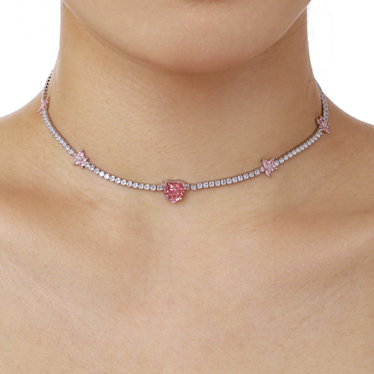 [Royal Jewelry]Dazzling Pink Heart Flower Necklace