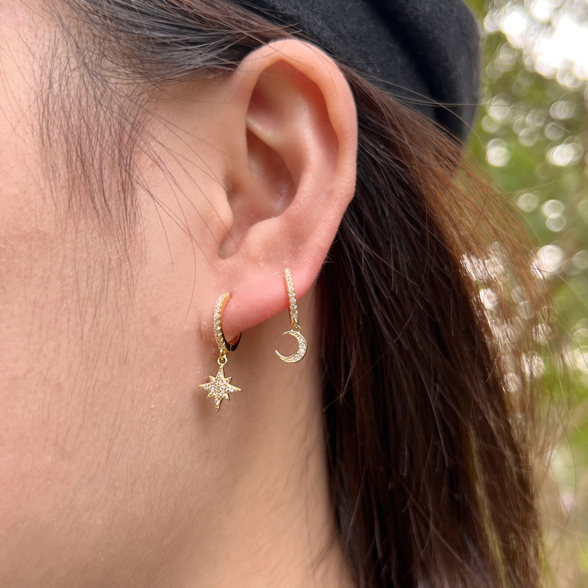 [Royal Jewelry]Star and Moon Asymmetric Earrings