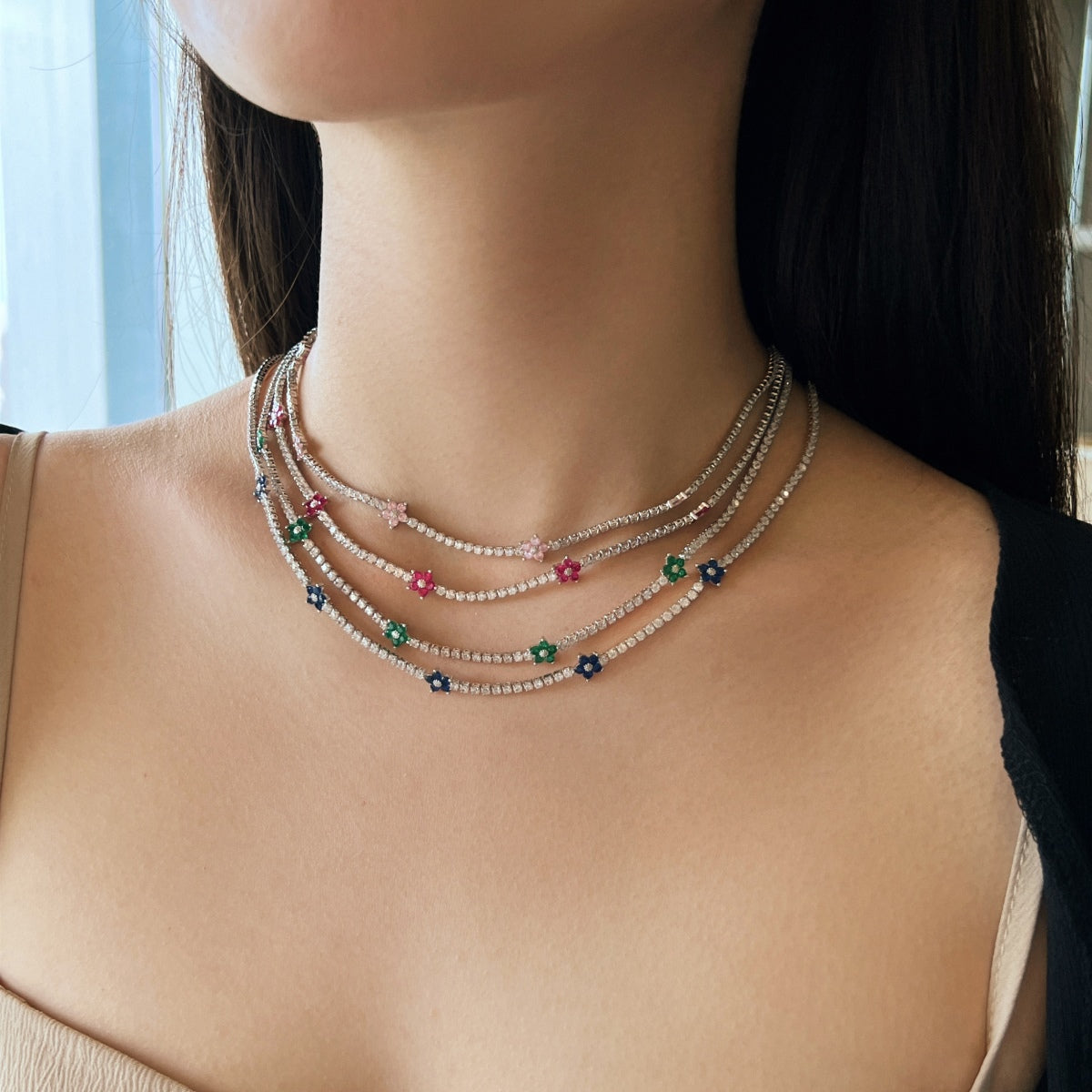 [Royal Jewelry]Luxurious Colorful Flower Tennis Necklace