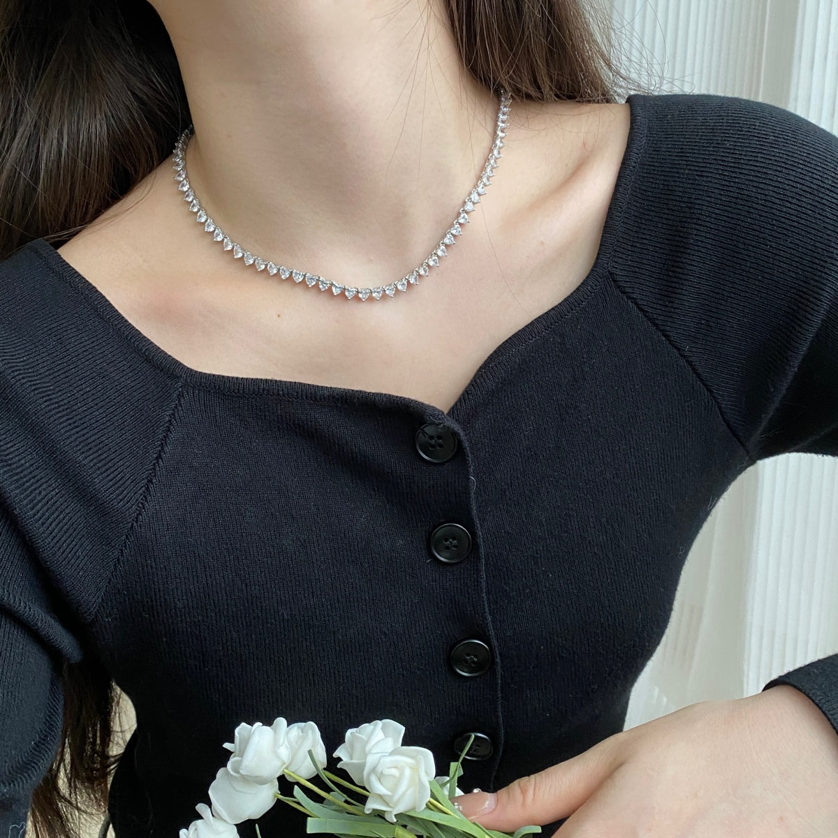 [Royal Jewelry]Ornate Heart Cut Tennis Necklace