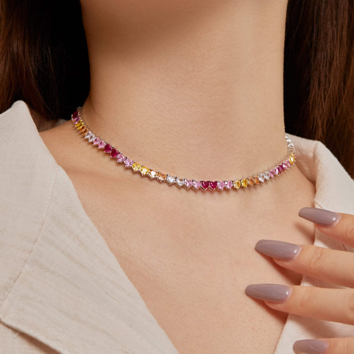 [Royal Jewelry]Sparkling Colorful Full Heart Tennis Necklace