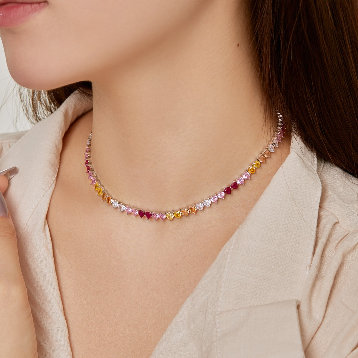 [Royal Jewelry]Sparkling Colorful Full Heart Tennis Necklace