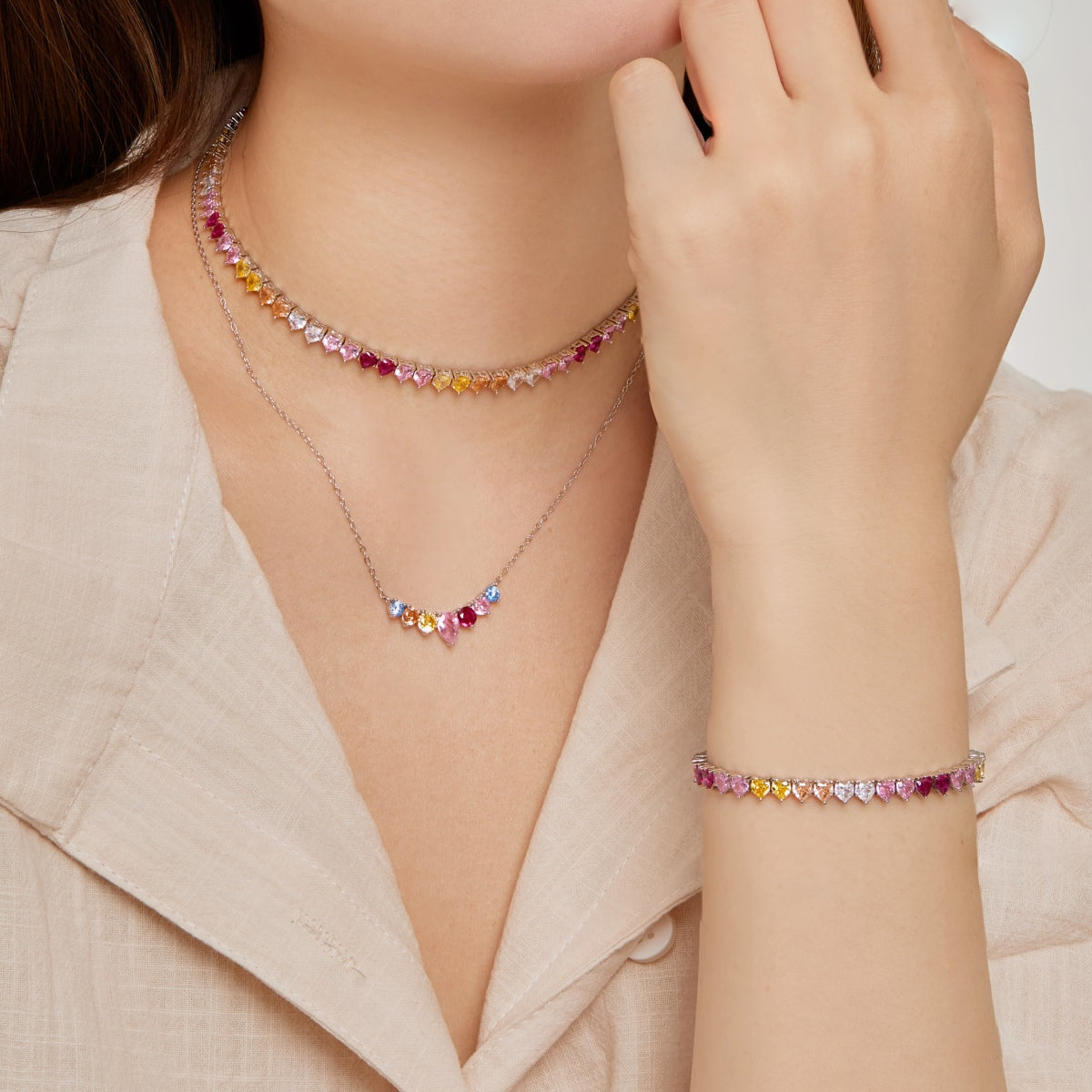 [Royal Jewelry]Sparkling Colorful Full Heart Tennis Necklace