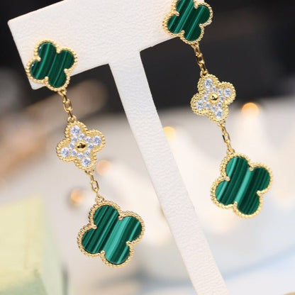 [Royal Jewelry]CLOVER EARRINGS GOLD MALACHITE DIAMOND 3 MOTIF