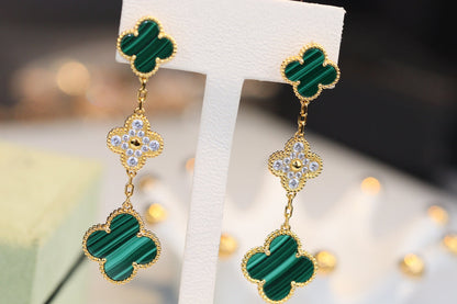 [Royal Jewelry]CLOVER EARRINGS GOLD MALACHITE DIAMOND 3 MOTIF