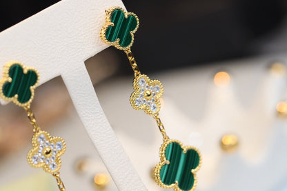 [Royal Jewelry]CLOVER EARRINGS GOLD MALACHITE DIAMOND 3 MOTIF