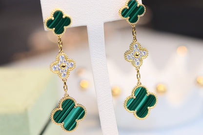 [Royal Jewelry]CLOVER EARRINGS GOLD MALACHITE DIAMOND 3 MOTIF