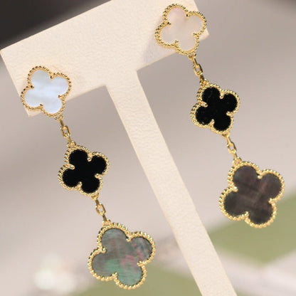 [Royal Jewelry]CLOVER EARRINGS GOLD ONYX MOP 3 MOTIF