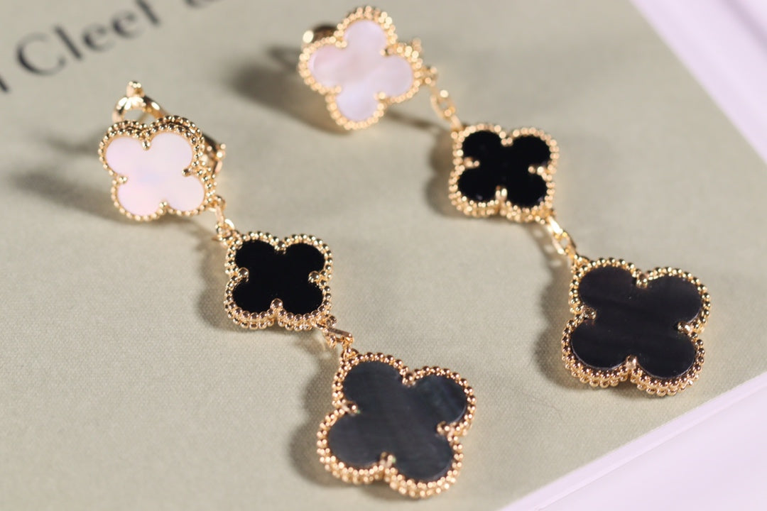 [Royal Jewelry]CLOVER EARRINGS GOLD ONYX MOP 3 MOTIF