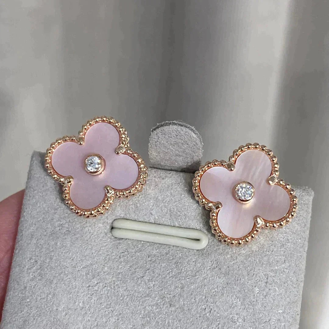 [Royal Jewelry]CLOVER MEDIUM 1 MOTIFS  PINK MOP DIAMOND EARRINGS