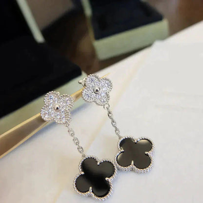 [Royal Jewelry]CLOVER 2 MOTIFS  DIAMOND ONYX EARRINGS SILVER