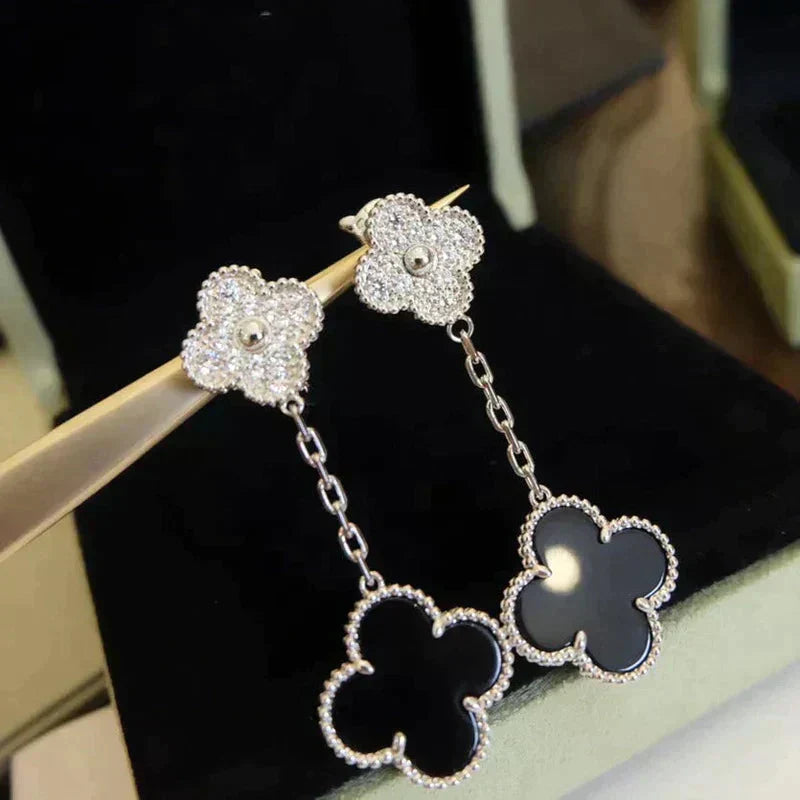 [Royal Jewelry]CLOVER 2 MOTIFS  DIAMOND ONYX EARRINGS SILVER