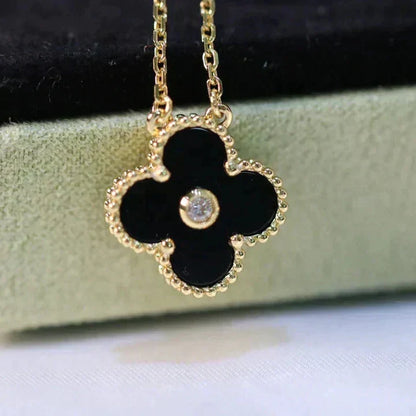 [Royal Jewelry]CLOVER 15MM DIAMOND ONYX NECKLACE