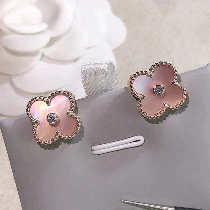 [Royal Jewelry]CLOVER MEDIUM 1 MOTIFS  PINK MOP DIAMOND EARRINGS