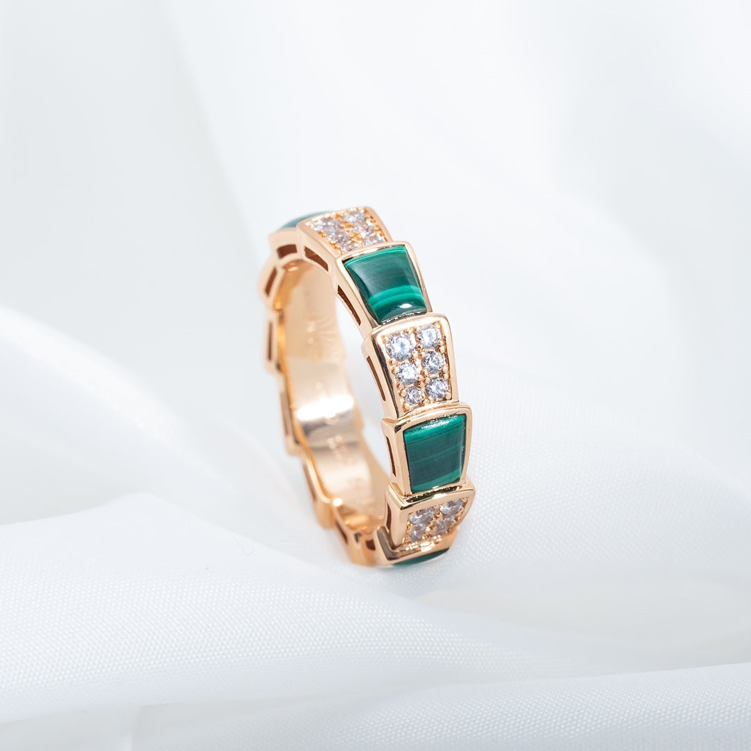 [Royal Jewelry]SERPENTI RING PINK GOLD MALACHITE DIAMOND PAVED 4MM