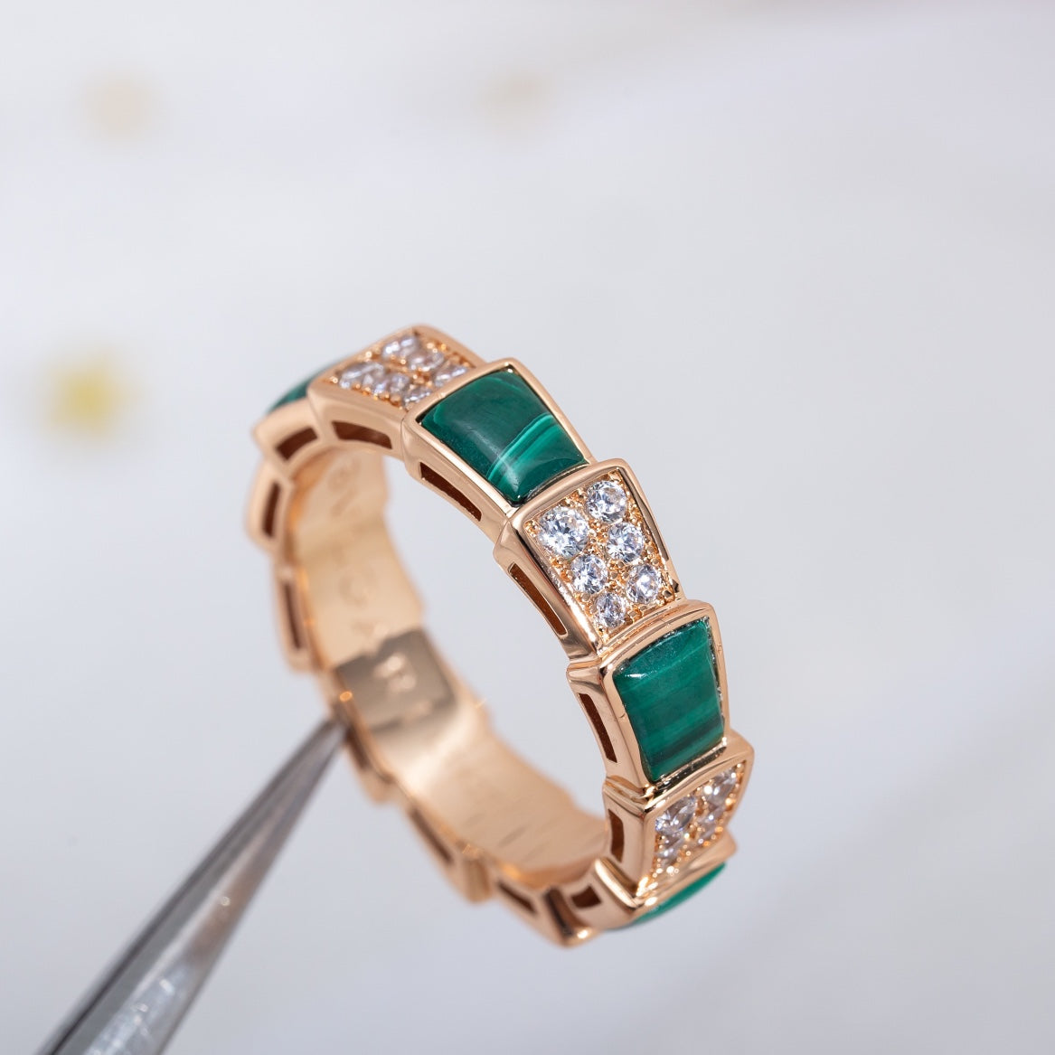 [Royal Jewelry]SERPENTI RING PINK GOLD MALACHITE DIAMOND PAVED 4MM
