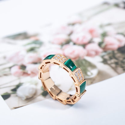 [Royal Jewelry]SERPENTI RING PINK GOLD MALACHITE DIAMOND PAVED 4MM