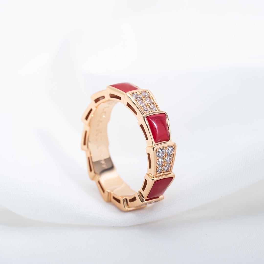 [Royal Jewelry]SERPENTI RING PINK GOLD CARNELIAN DIAMOND PAVED 4MM