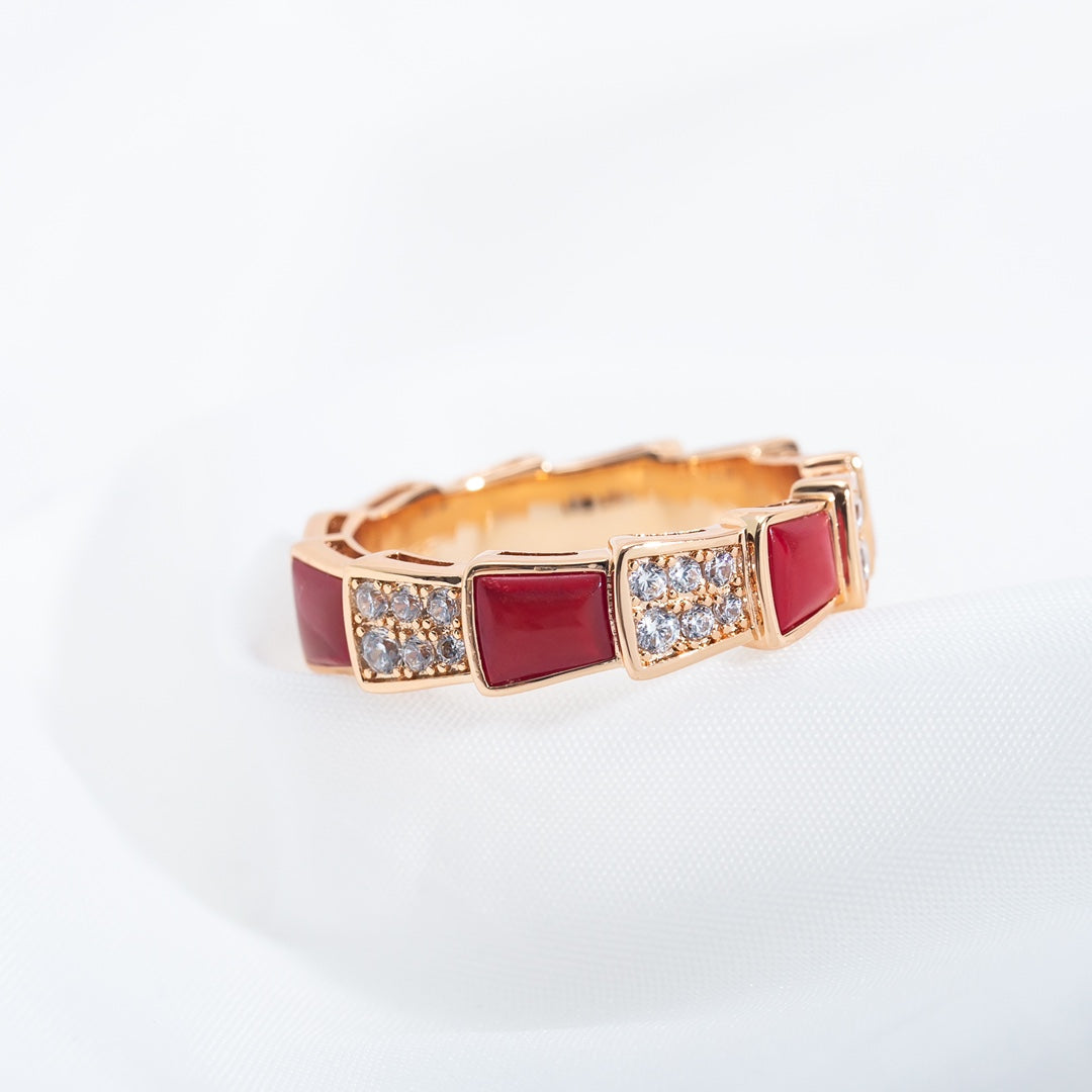 [Royal Jewelry]SERPENTI RING PINK GOLD CARNELIAN DIAMOND PAVED 4MM