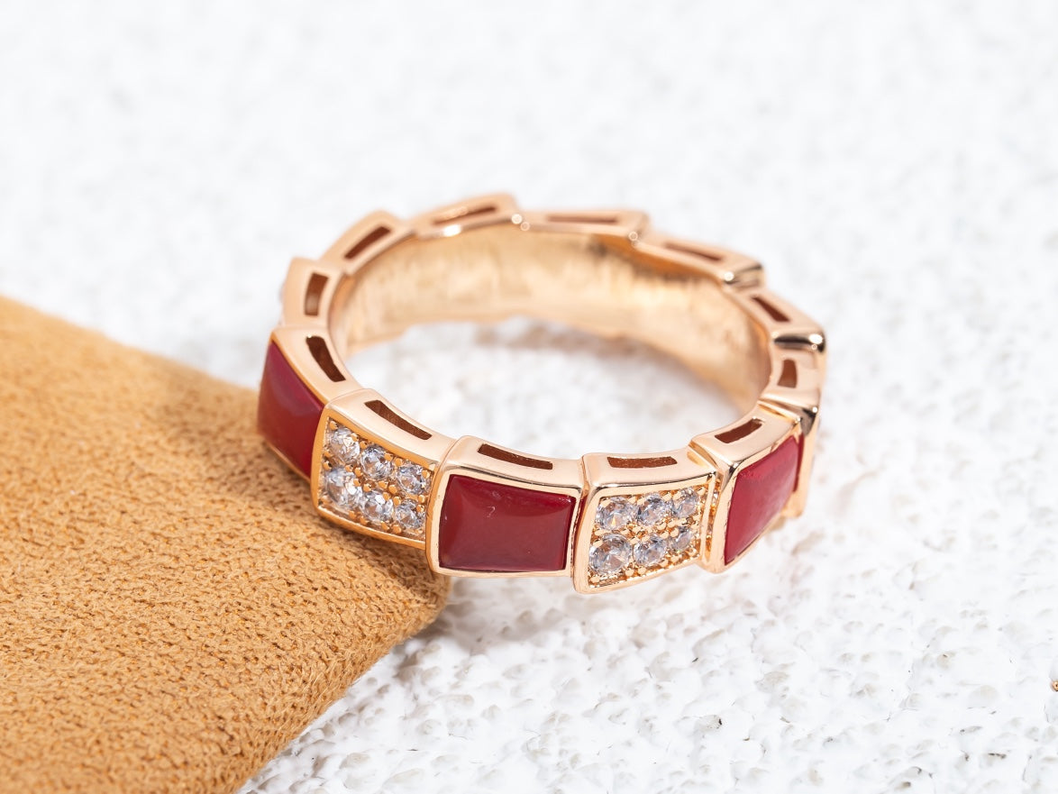[Royal Jewelry]SERPENTI RING PINK GOLD CARNELIAN DIAMOND PAVED 4MM