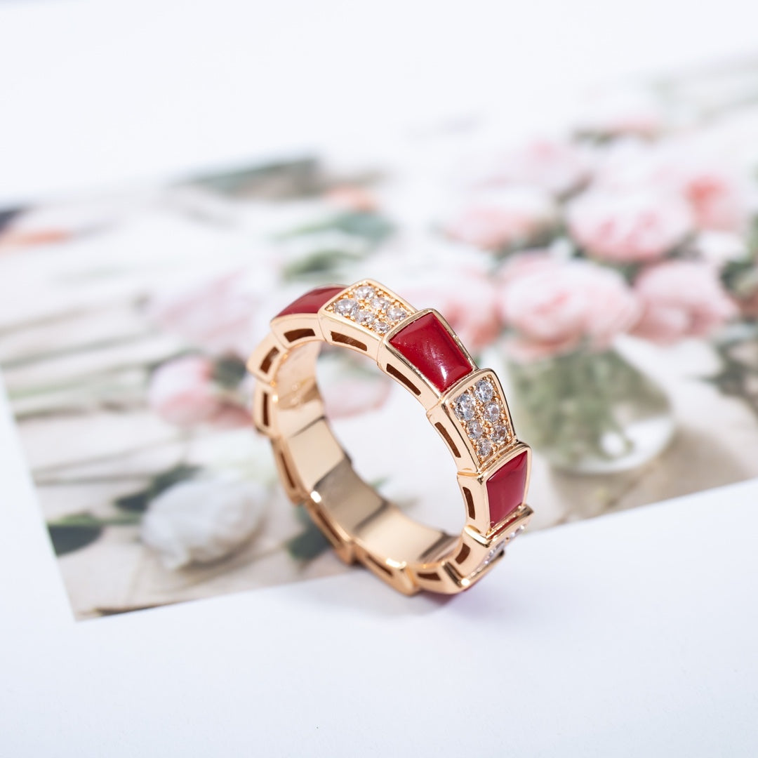 [Royal Jewelry]SERPENTI RING PINK GOLD CARNELIAN DIAMOND PAVED 4MM