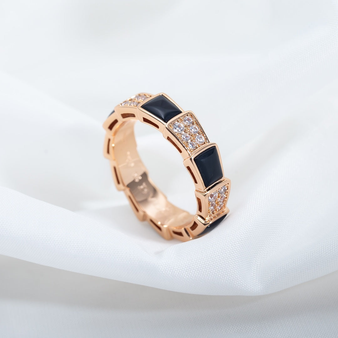 [Royal Jewelry]SERPENTI RING PINK GOLD BLACK MOP DIAMOND PAVED 4MM