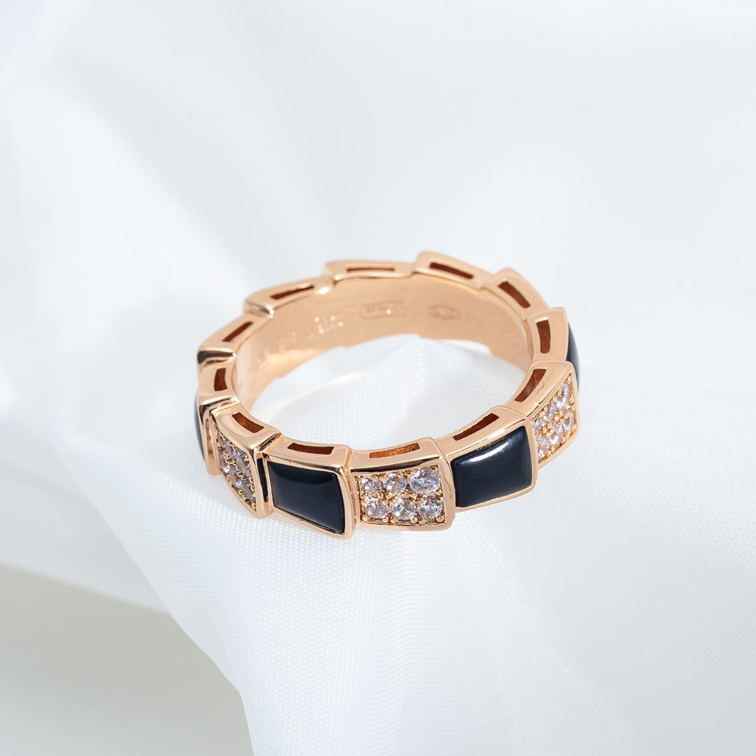 [Royal Jewelry]SERPENTI RING PINK GOLD BLACK MOP DIAMOND PAVED 4MM