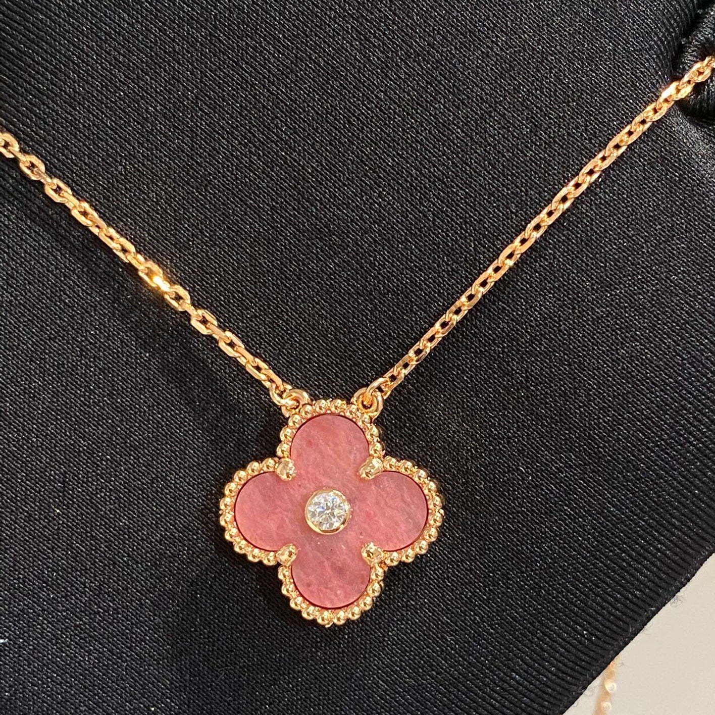 [Royal Jewelry]COLLIER TRÈFLE 15MM DIAMANT RHODONITE