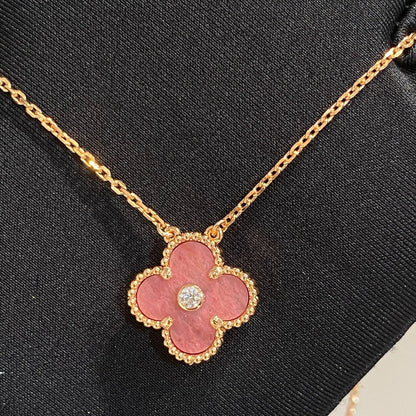 [Royal Jewelry]COLLIER TRÈFLE 15MM DIAMANT RHODONITE