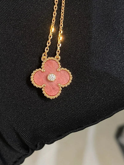 [Royal Jewelry]COLLIER TRÈFLE 15MM DIAMANT RHODONITE