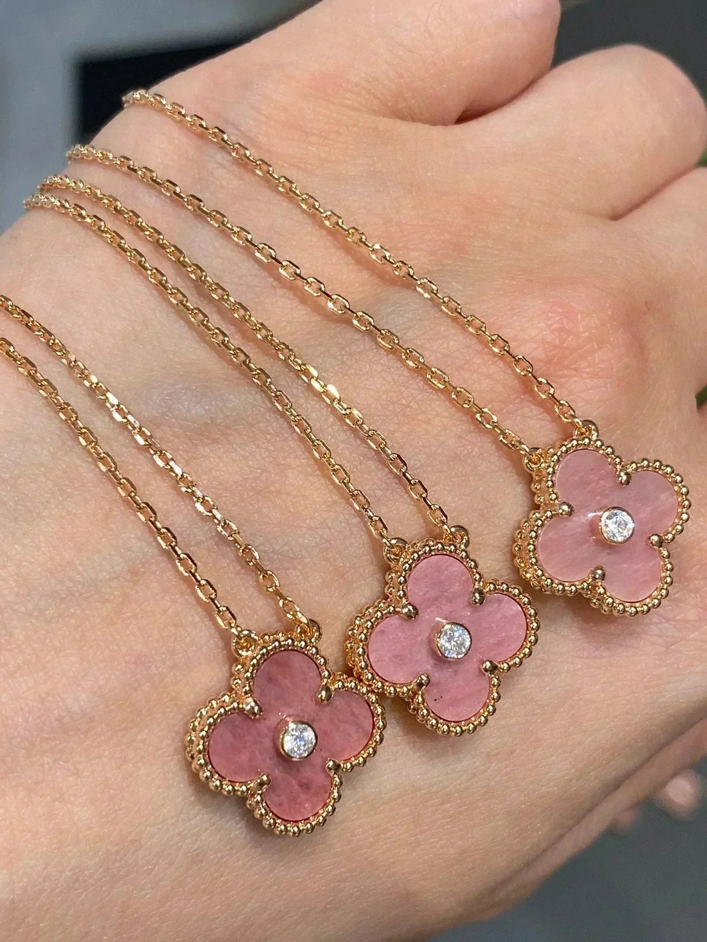 [Royal Jewelry]COLLIER TRÈFLE 15MM DIAMANT RHODONITE