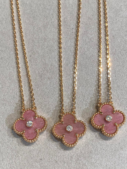 [Royal Jewelry]COLLIER TRÈFLE 15MM DIAMANT RHODONITE