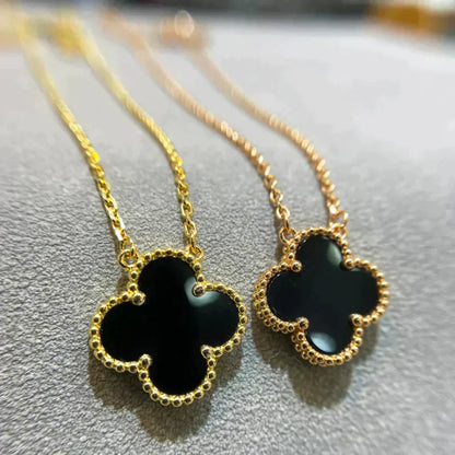 [Royal Jewelry]CLOVER 15MM BLACK ONYX SINGLE FLOWER NECKLACE