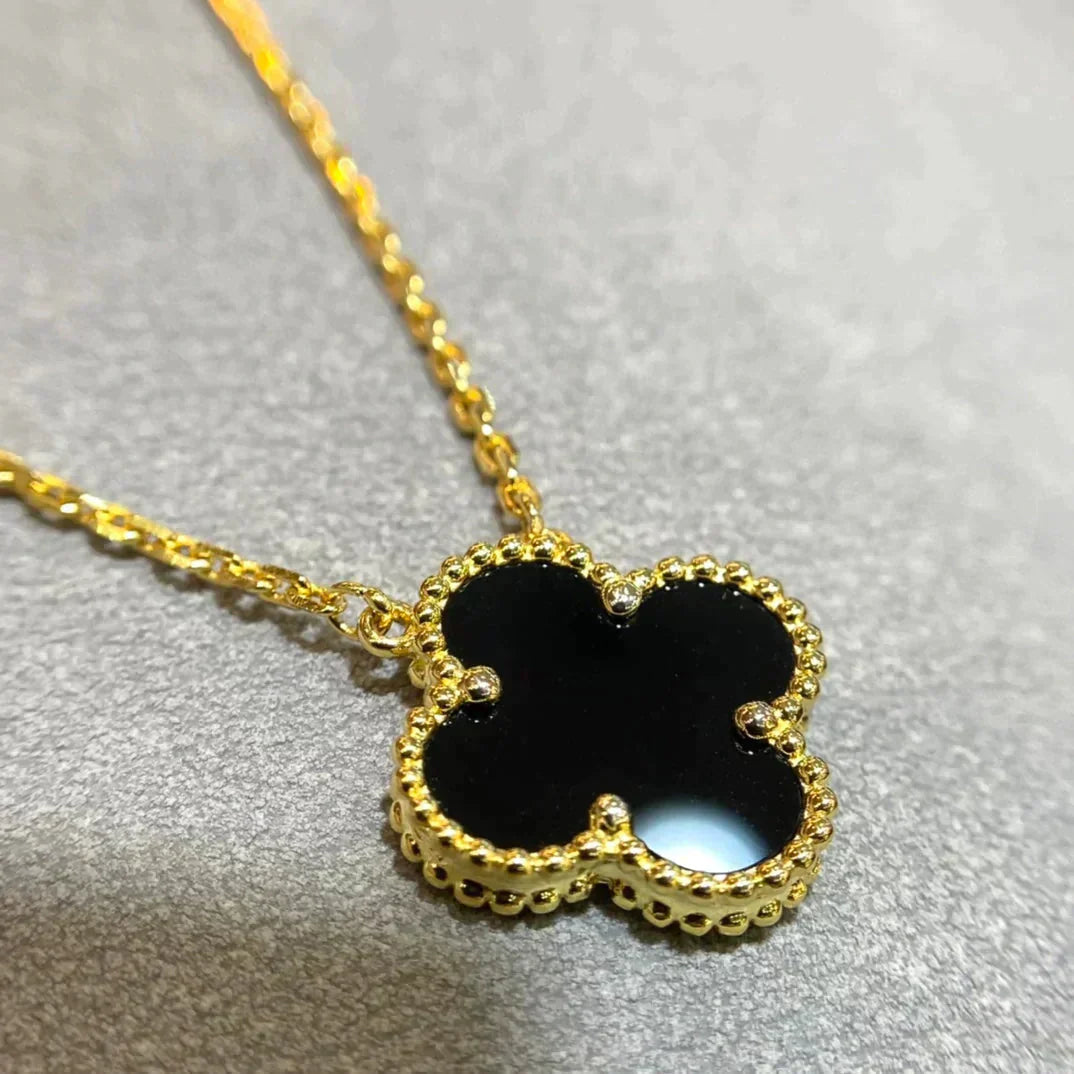 [Royal Jewelry]CLOVER 15MM BLACK ONYX SINGLE FLOWER NECKLACE