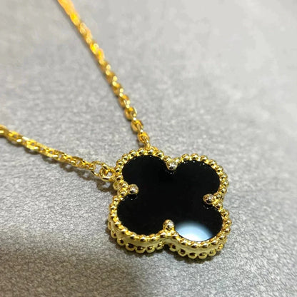 [Royal Jewelry]CLOVER 15MM BLACK ONYX SINGLE FLOWER NECKLACE