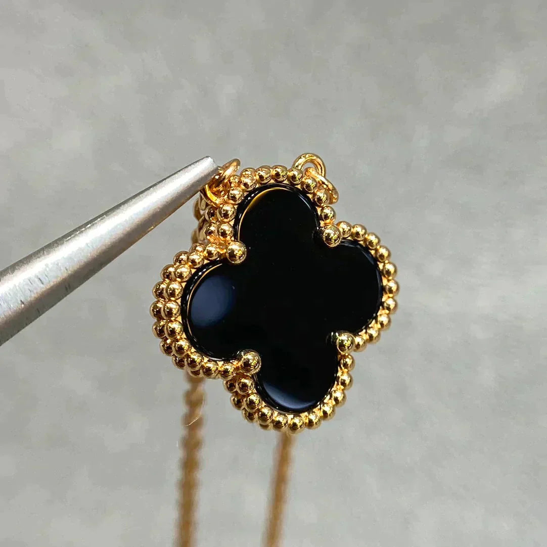 [Royal Jewelry]CLOVER 15MM BLACK ONYX SINGLE FLOWER NECKLACE