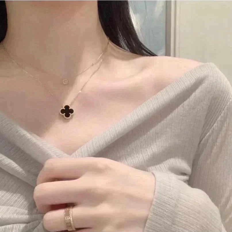 [Royal Jewelry]CLOVER 15MM BLACK ONYX SINGLE FLOWER NECKLACE