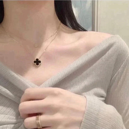 [Royal Jewelry]CLOVER 15MM BLACK ONYX SINGLE FLOWER NECKLACE