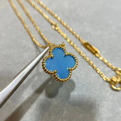 [Royal Jewelry]CLOVER 15MM BLUE AGATE NECKLACE