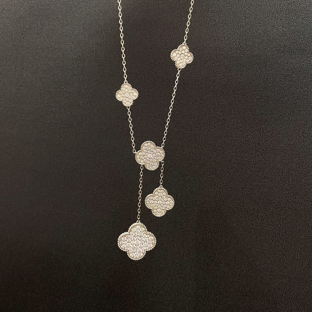 [Royal Jewelry]CLOVER 5 MOTIFS SILVER DIAMONDS NECKLACE