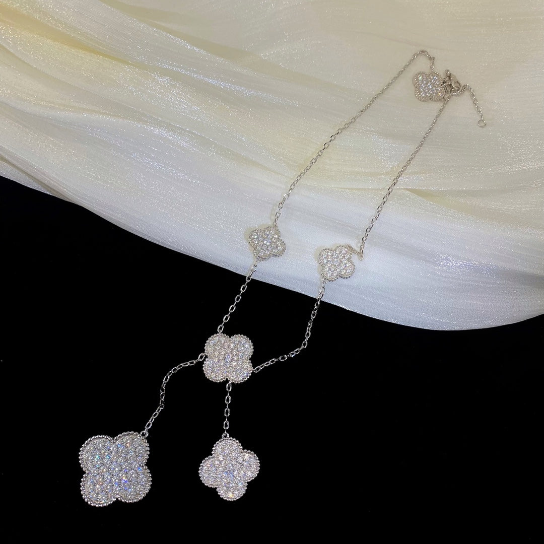 [Royal Jewelry]CLOVER 5 MOTIFS SILVER DIAMONDS NECKLACE